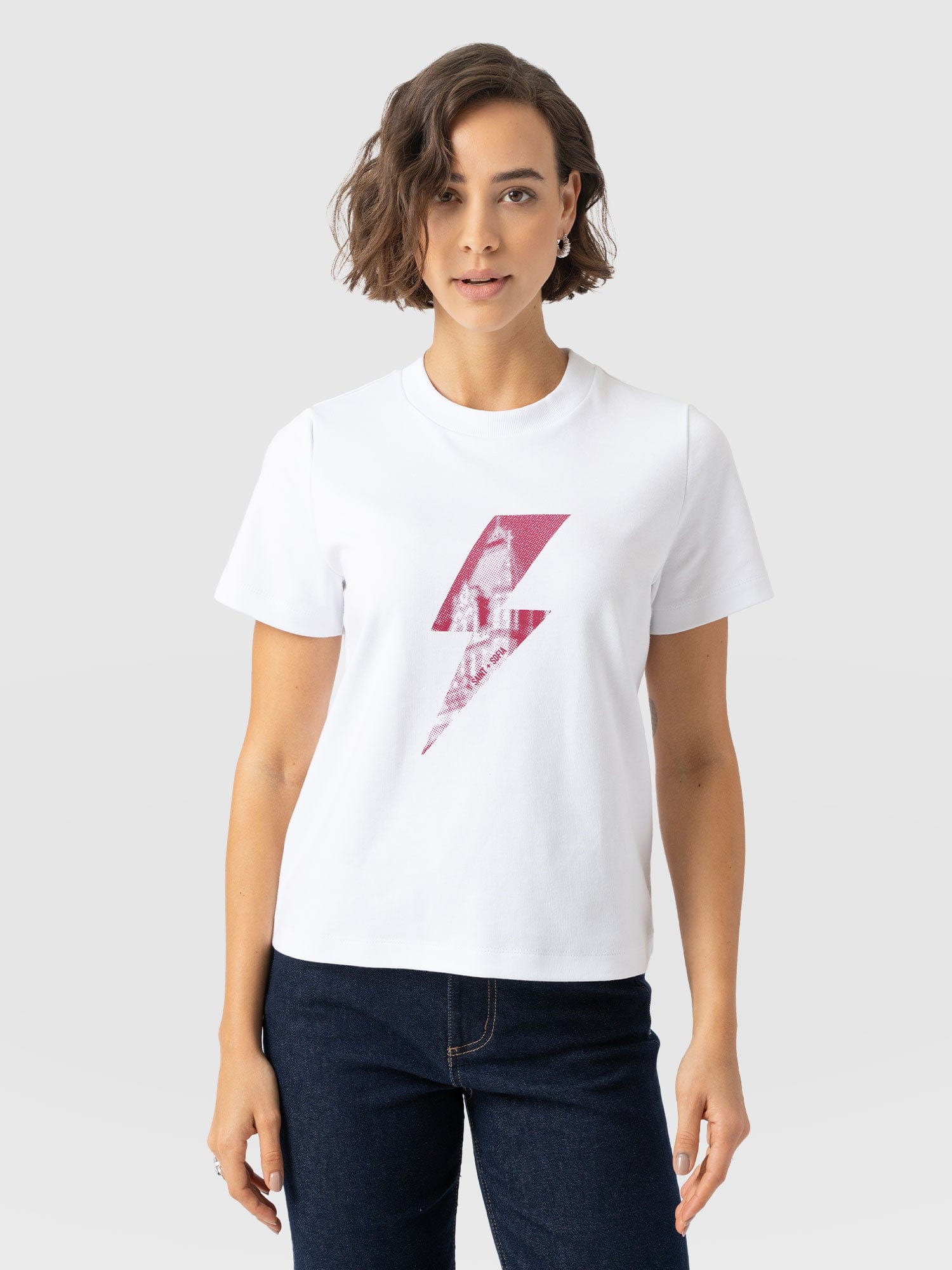 Chelsea Crew Neck Tee - White - Pink Lightning Bolt - Women's T-shirts | Saint + Sofia? USA